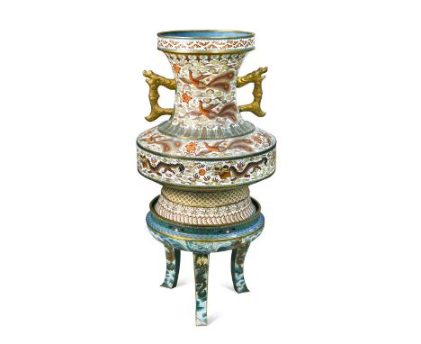 A Chinese cloisonné enamel large vase on tripod stand, 20th century, worked with bands of peacocks and dragons, stylised drag