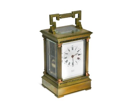 A French brass repeating carriage clock, early 20th century,  the white dial signed 'Fraser, Preston', with Roman hour numera