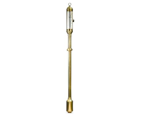 A brass marine stick barometer, 20th century,  with unsigned silvered dial, side button vernier adjustment 97cm