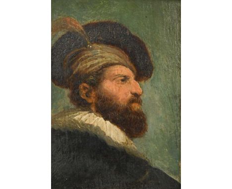 Continental School (18th century) Portrait of a man wearing a feathered hatthe reverse with remnants of a wax seal and indist