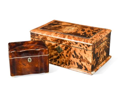 A Regency tortoiseshell tea caddy,  of rectangular form and fitted with two lidded canisters  10 x 23.5 x 14.5cm;  together w