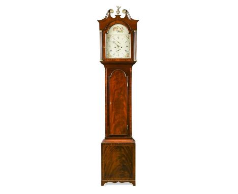 A mahogany longcase clock, circa 1800, the hood with swanneck pediment and painted 12inch (30.5cm) one piece arched dial sign