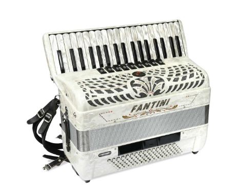 A Fantini piano accordion, Italian,  the white pearl effect case with 37 keys and 96 bass buttons, with 9 registers, with har