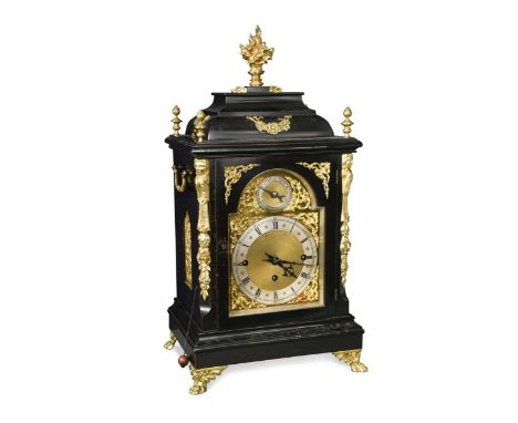 An ebonised and gilt metal mounted bracket clock, late 19th century, the three train bell chiming fusee movement with gong st