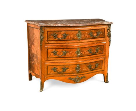 A French Louis XV style marble top rosewood and marquetry commode, of serpentine outline with three drawers87 x 116 x 54cm