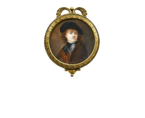 After Rembrandt Portrait miniature of the artist watercolour on ivory, in a gilt brass frame6cm diam.The present work after R