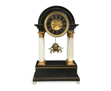 A French portico mantel clock, late 19th century,  with ebonised dome over 2 part dial with visible Brocot escapement, gong s