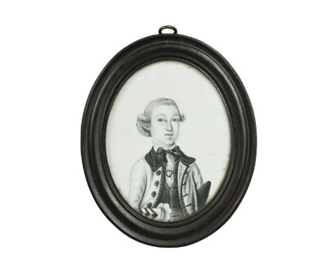 James Ferguson (1710-1776) Portrait miniature of a young man holding a tricorn hatplumbago on vellum, oval, in an ebonised tu