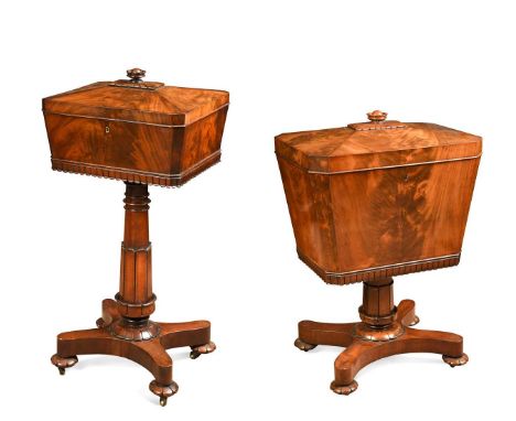 A William IV mahogany cellarette and teapoy en suite, each of sarcophagus shape with carved flower head finial on quatraform 