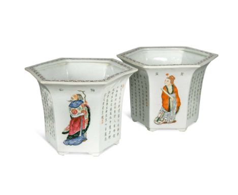 A pair of Chinese Wu Shuang Pu porcelain hexagonal jardinieres, each painted with three historic figures including Tao Yuan M