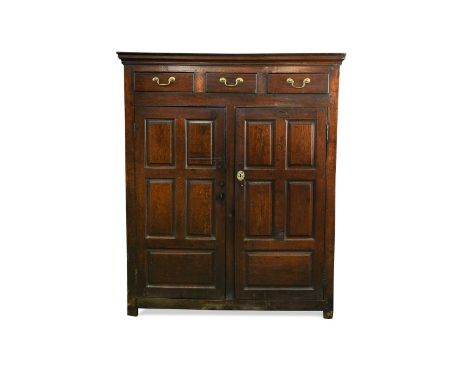 An oak food cupboard, 18th century, with three drawers over fielded panel doors 145 x 121 x 53cmTop two shelves appear to be 