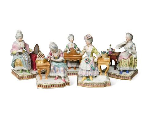 A set of five Berlin porcelain figures of the senses,  after the Meissen model by J.C.Schoenheit14.5cm high taste - has a chi