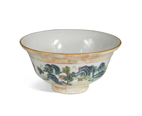 A Chinese faux bois/marble porcelain bowl, of ogee outline, painted with a man in a punt near an island with tea pavilion, wi