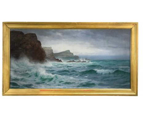 David James (1860-1904) A rocky seascape with seagulls flying over crashing waves, a trawler in the distancesigned lower righ