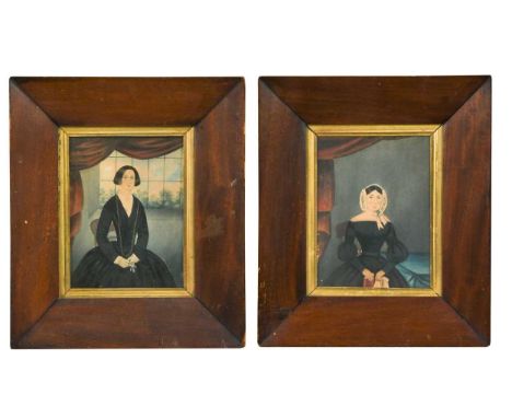 Naive School, 19th century Three portraits to include a pair of ladies seated within interiorswatercolour and bodycoloureach 