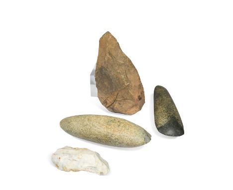Two Palaeolithic hand axes, the smaller with remnants of old inked legend to the reverse, 18cm and 11cm long; together with t