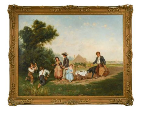 R H Hunt (active circa 1900) A family in a landscape burying a dead birdsigned lower left 'R H Hunt'oil on canvas70 x 90cmLin