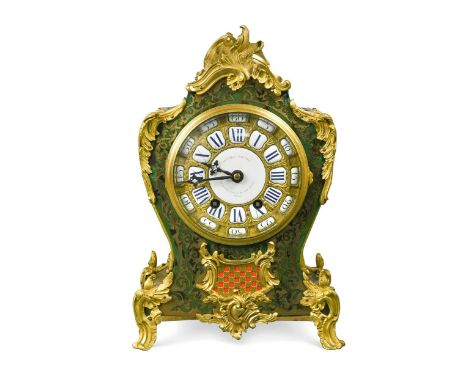 A French green stained tortoiseshell and brass inlaid mantel clock, 19th century,  with Rococo style ormolu scrollwork mounts