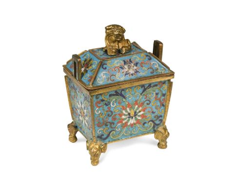 A Chinese cloisonné enamel box and cover "fang", Qing Dynasty, 18th century, worked with lotus blossoms on a turquoise ground