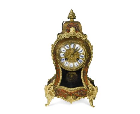 A French Boulle type mantel clock, 19th century,  the waisted case with gilt dial and applied enamel numerals, bell striking 