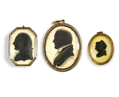 Three portrait silhouette miniatures To include a gentleman with a bronzed jacketthe reverse containing two locks of hair3.5c