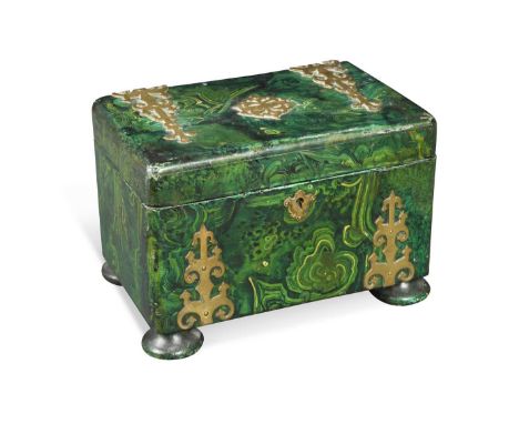 A Victorian simulated malachite tea caddy, with applied brass mounts and raised on squashed bun feet, the interior with twin 