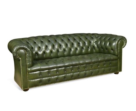 A green leather buttoned chesterfield sofa, modern, with studded front arms lower front edge72 x 210 x 87cm