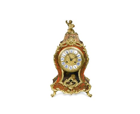 A French Boulle mantel clock, 19th century,  the waisted case with figural finial above gilt dial with applied Roman numerals