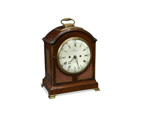 A mahogany bracket clock, early 19th century,  single pad top arched case with carrying handle, white dial (retouched) marked