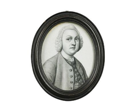 James Ferguson (1710-1776) A pair of portrait miniatures of a lady and a gentlemanplumbago on vellum, oval, in ebonised turne