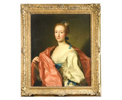 Circle of Jacopo Amigoni (c. 1685-1752) Portrait of a lady, half length, in white silk dress with blue bows and a pink cloako