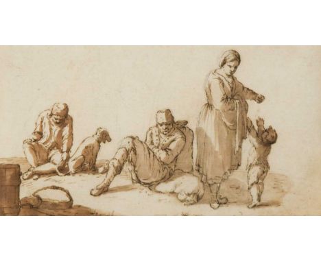 Attributed to Andries Both (c. 1612/13-1642) Peasants at rest with a dog and a woman playing with a small boypen and ink and 