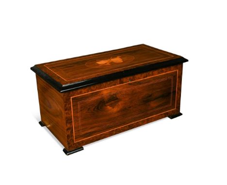 A Victorian rosewood and banded musical box, the crank wind mechanism playing 8 airs on cylinder and three bells in sight wit