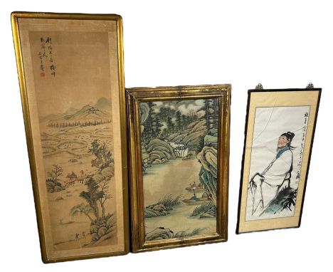 TWO CHINESE FRAMED PAINTINGS AND A SCROLL (FRAMED) (3)Largest 110cm x 38cm 