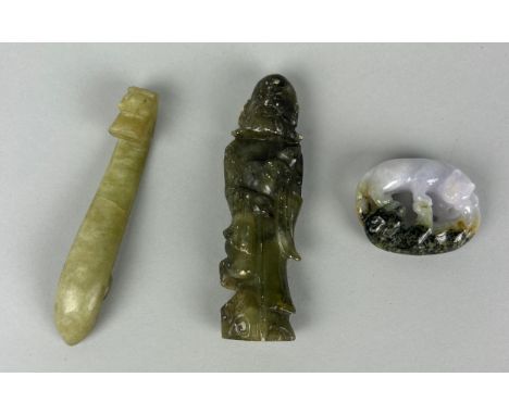 A COLLECTION OF THREE CHINESE JADE ITEMS, To include belt hook with dragons head. Largest 11cm L 