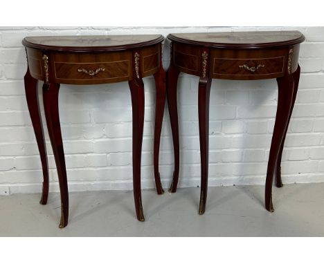 A PAIR OF DEMI LUNE FRENCH STYLE CONSOLE TABLES WITH GILT METAL MOUNTS AND MARQUETRY DETAIL, 