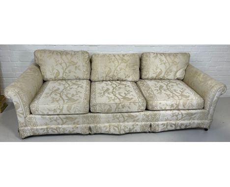 A GEORGE III STYLE TWO SEATER SOFA UPHOLSTERED IN BEIGE CHINOISERIE FABRIC WITH EXOTIC BIRDS AND FOLIAGE,222cm x 87cm x 62cm 