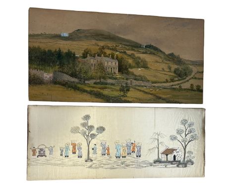 A LARGE WATERCOLOUR ON PAPER PAINTING OF A LANDSCAPE SCENE ALONG WITH A CHINESE SILK PANEL OF A SIMILAR SIZE (2), 76cm x 38cm