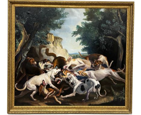 ORIGINAL FILM PROP FROM 'LIFT' FEATURING KEVIN HART: A LARGE PRINT ON CANVAS DEPICTING A GROUP OF SNARLING DOGS, Mounted in a