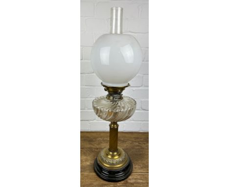 A BRASS OIL LAMP WITH GLASS SHADE, 