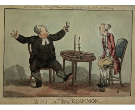 AFTER GEORGE MOUTARD WOODWARD (BRITISH 1760-1809): 'A HIT AT BACKGAMMON', Hand coloured print, published London 1796. 32cm x 