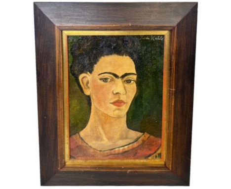 AFTER FRIDA KAHLO (MEXICAN 1907-1954): AN OIL ON CANVAS PAINTING 'SELF PORTRAIT' 29cm x 21cm Mounted in a frame. Inscribed to