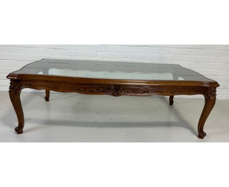 A FRENCH STYLE WOODEN CONSOLE TABLE WITH GLASS TOP,147cm x 85cm x 44cm 