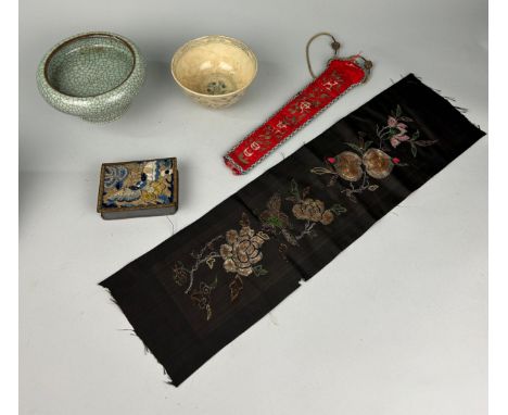 A CHINESE CRACKLE GLAZED BOWL ALONG WITH ANOTHER ARCHAIC STYLE AND TWO TEXTILES (4) Crackle glazed bowl 17cm x 9cm 