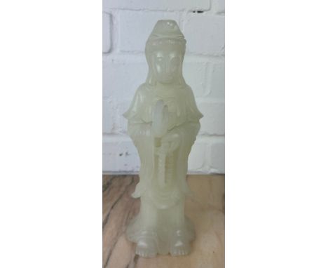 A CHINESE WHITE JADE FIGURE OF A GUANYIN, Probably 20th century or modern. 27cm H 