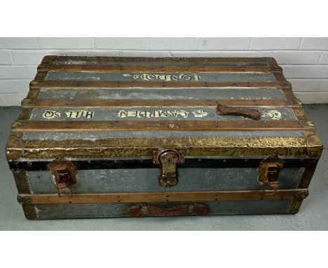 A LARGE ZINC AND BRASS BOUND EXPLORERS TRUNK, 92cm x 52cm x 33cmLate 19th or early 20th Century, local Wimbledon Village atti