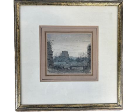 A PEN AND INK SKETCH ON PAPER OF ST MARY'S CHURCH, WESTHAM, PEVENSEY, SUSSEX, 16cm x 15cm Mounted in a frame and glazed. 