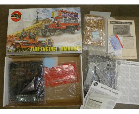 Airfix model kits including Dennis Fire Engine, Omnibus, Apache Helicopter and a Revell tank
