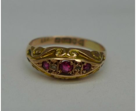 A 9ct gold, ruby and diamond ring, Chester 1915, 1.4g, N