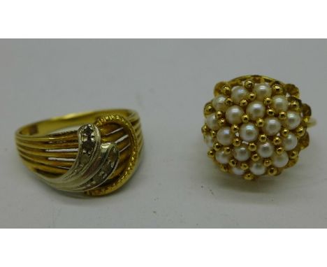 Two yellow metal rings, one marked 750 and the pearl set ring with continental marks on the outside of the shank, total weigh
